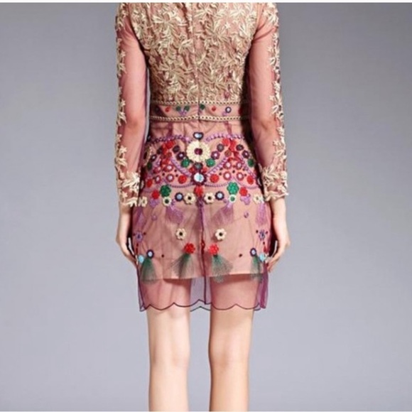 Metisu Pink Mesh Embroidered Waved Hem Mini Dress - Picture 3 of 12